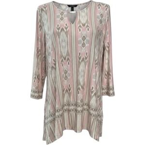Ruby Rd Petite PL Pink Ikat Tunic Top 3/4 Sleeve Keyhole Metal Bar Sharkbite Hem